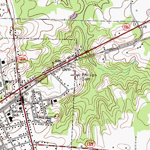Topographic Map of Phillips Cemetery, NC