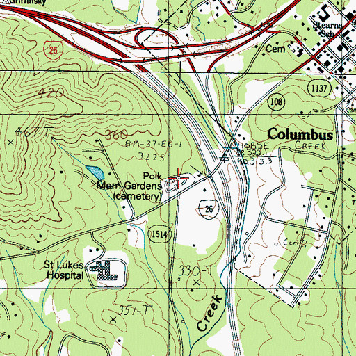 Topographic Map of Polk Memorial Gardens, NC