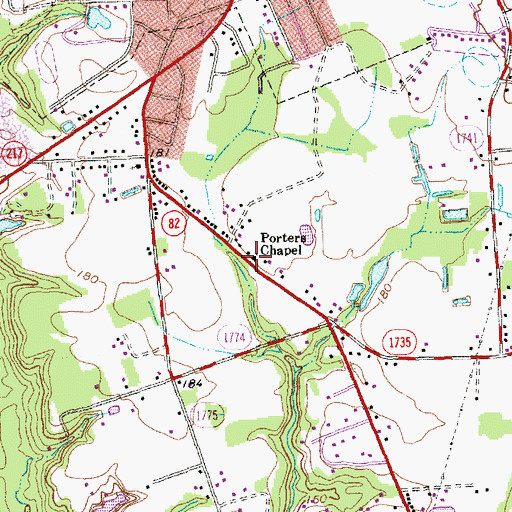 Topographic Map of Porters Chapel, NC