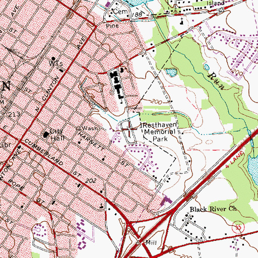 Topographic Map of Resthaven Memorial Park, NC