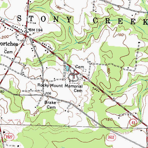 Topographic Map of Rocky Mount Memorial Cemetery, NC