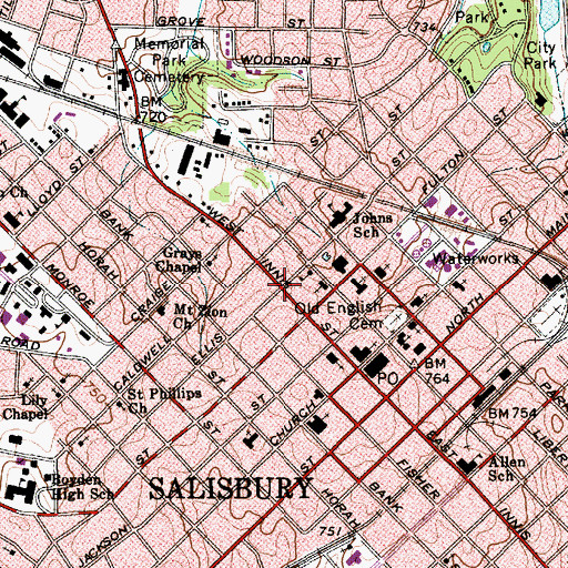 Topographic Map of Salisbury, NC