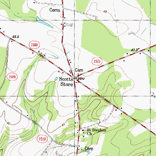 Topographic Map of Scotts Store, NC
