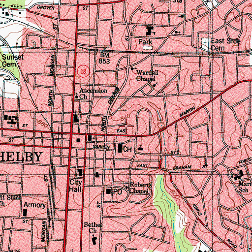 Topographic Map of Shelby, NC