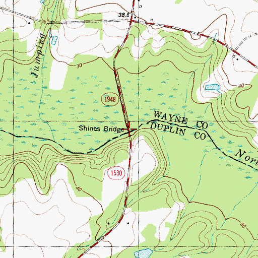 Topographic Map of Shines Bridge, NC