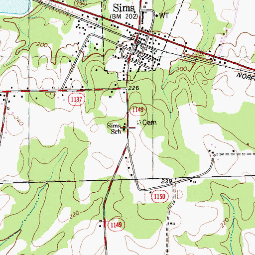 Topographic Map of Sims School, NC