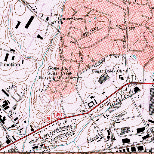 Topographic Map of Sugar Creek Burying Ground, NC