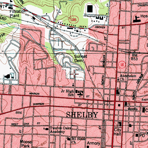 Topographic Map of Sunset Cemetery, NC