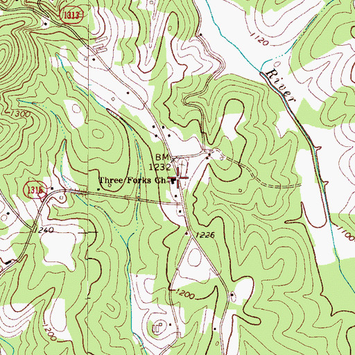 Topographic Map of Three Forks Church, NC