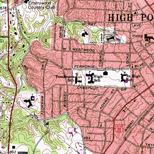 Topographic Map of Tomlinson School, NC