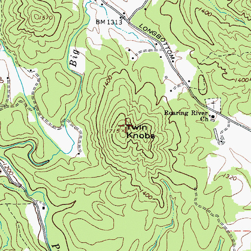 Topographic Map of Twin Knobs, NC
