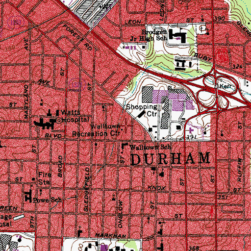 Topographic Map of Walltown Recreation Center, NC