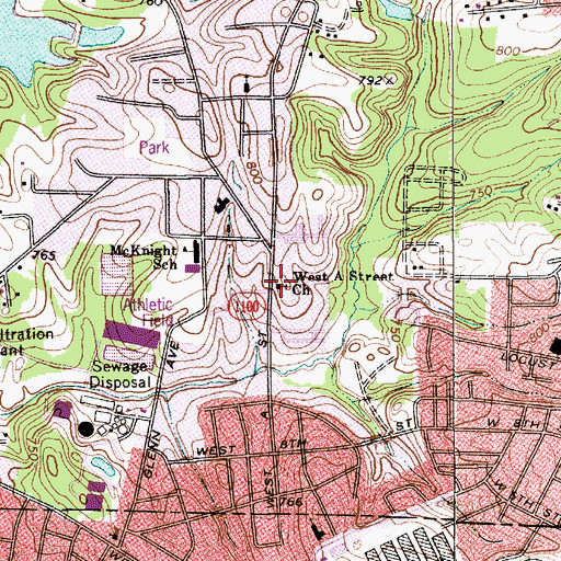 Topographic Map of West A Street Church, NC