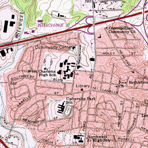 Topographic Map of West Charlotte High School, NC