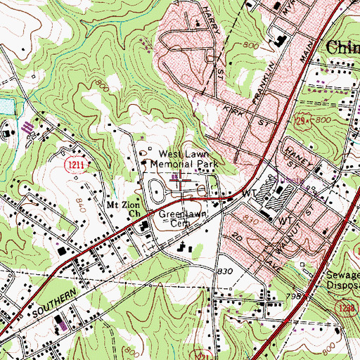 Topographic Map of West Lawn Memorial Park, NC