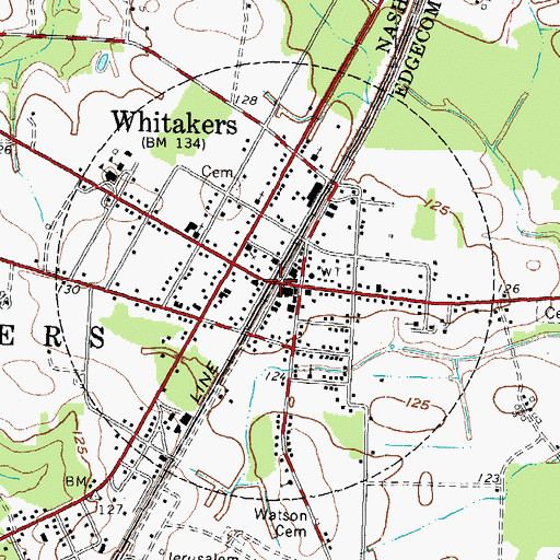 Topographic Map of Whitakers, NC