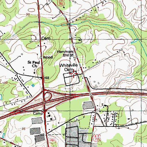 Topographic Map of Whiteville Cemetery, NC