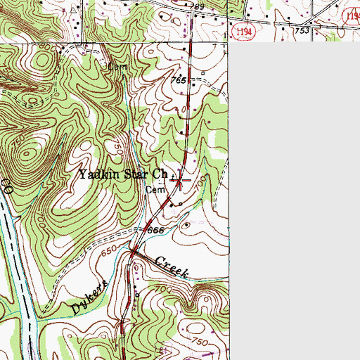 Topographic Map of Yadkin Star Baptist Church, NC