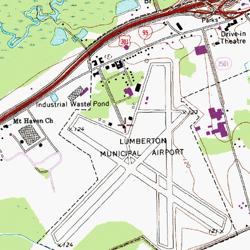 Topographic Map of Lumberton Regional Airport, NC