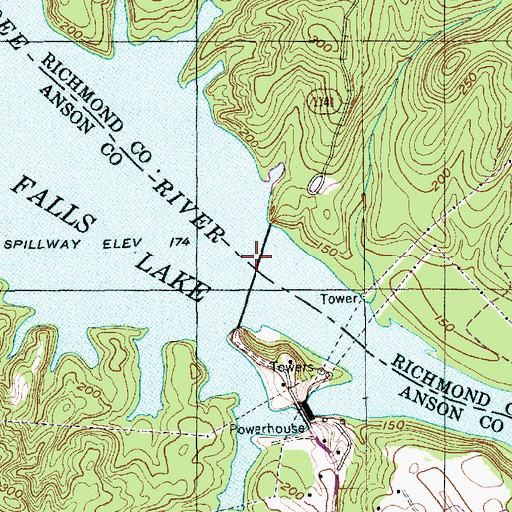 Topographic Map of Blewitt Falls Lake Dam, NC