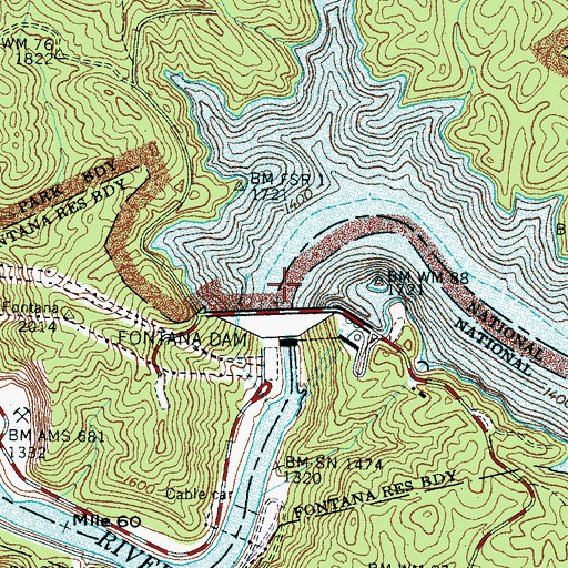 Topographic Map of Fontana Dam, NC
