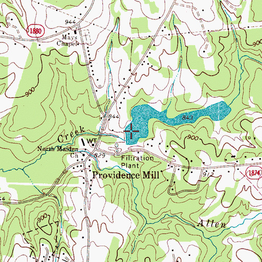 Topographic Map of Maiden Water Plant Lake Dam, NC